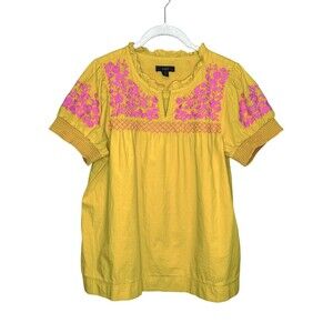 J.Crew Blouse Womens Small Yellow Embroidered Floral Boho Short Sleeve Tunic Top